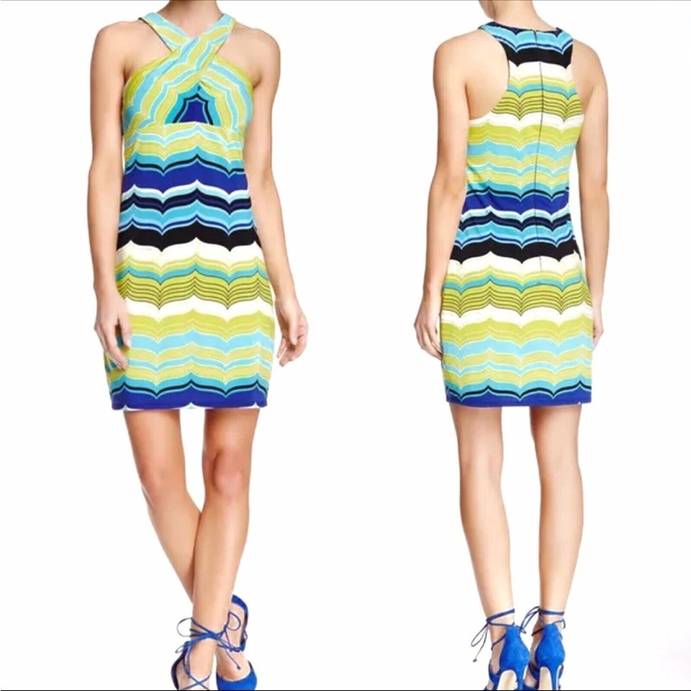 TRINA TURK ROCHELLE BLUE LIME GREEN SLEEVELESS DRESS 6